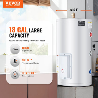 VEVOR Electric Water Heater, 18 Gallon Tank Instant Hot Water Heater, 1.6Kw Tankless Water Heater w/LED Display,Knob Control, IPX4 Waterproof Side Connection On Demand Heaters for Shower, Bath
