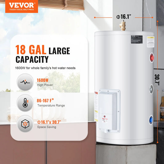 VEVOR Electric Water Heater, 18 Gallon Tank Instant Hot Water Heater, 1.6Kw Tankless Water Heater w/LED Display,Knob Control, IPX4 Waterproof Side Connection On Demand Heaters for Shower, Bath