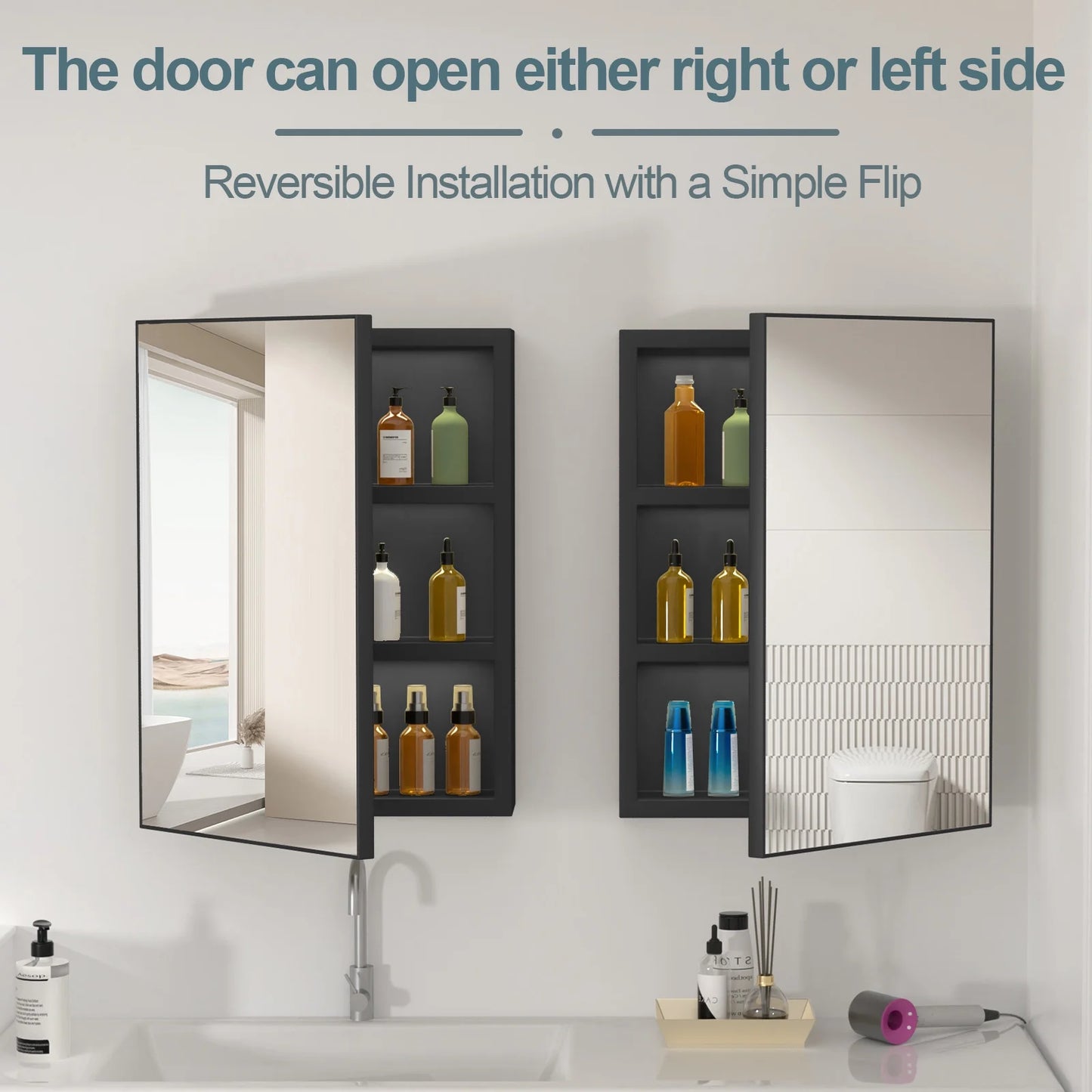 Ciumeeo Bathroom Wall Cabinet Single Door Wall Mount Storage Medicine Cabinet with Mirror and Hidden Shelves Black