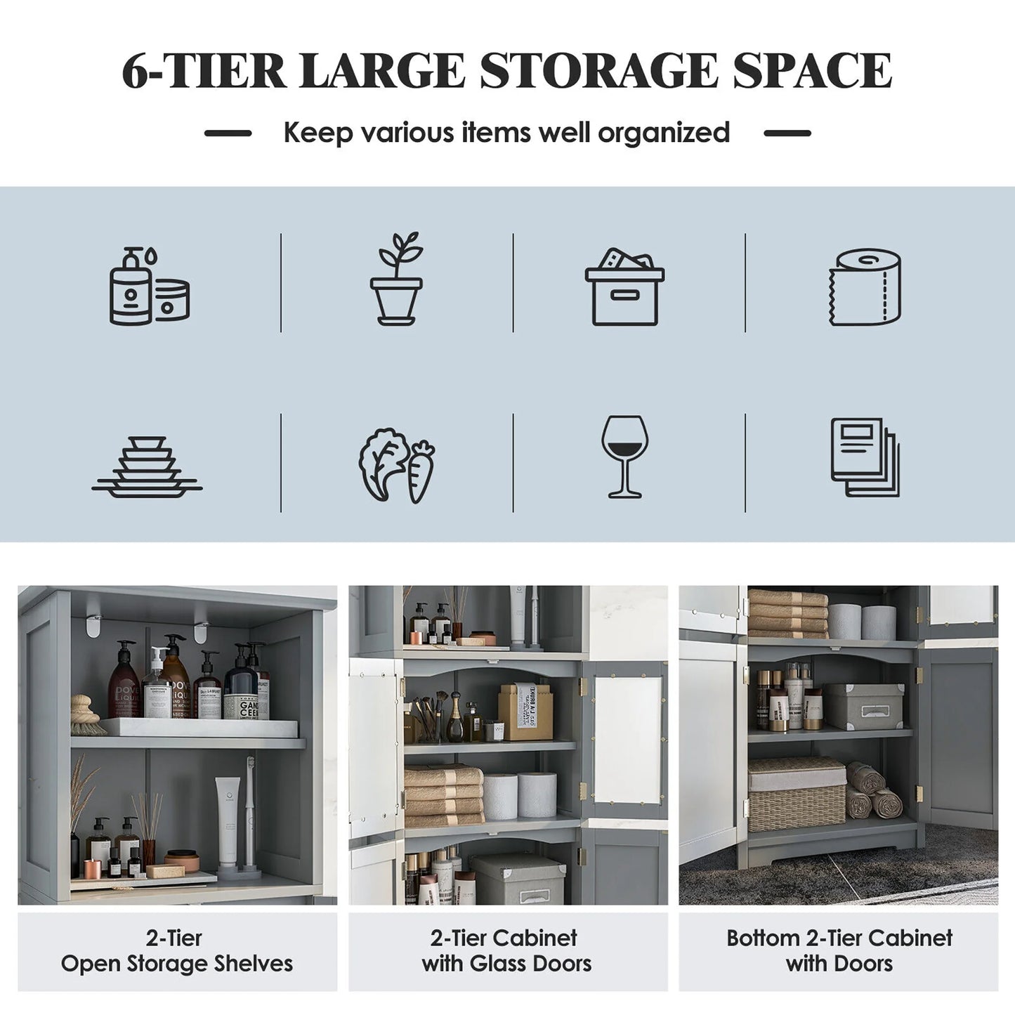 Gymax Bathroom Tall Storage Cabinet Linen Tower w/Glass Door & Adjustable Shelf Grey