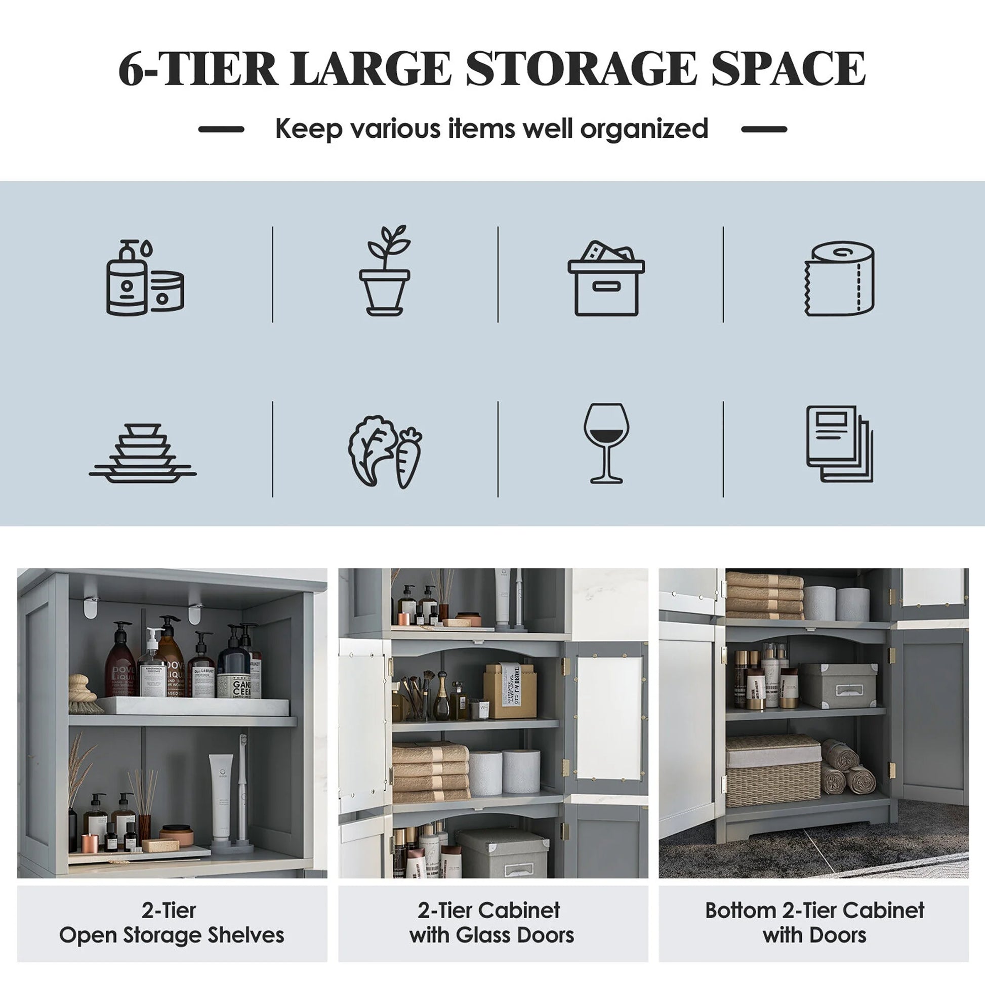 Gymax Bathroom Tall Storage Cabinet Linen Tower w/Glass Door & Adjustable Shelf Grey