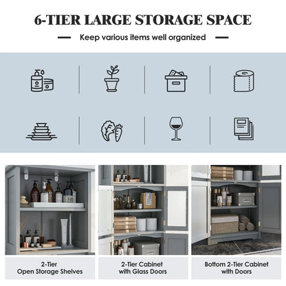 Gymax Bathroom Tall Storage Cabinet Linen Tower w/Glass Door & Adjustable Shelf Grey