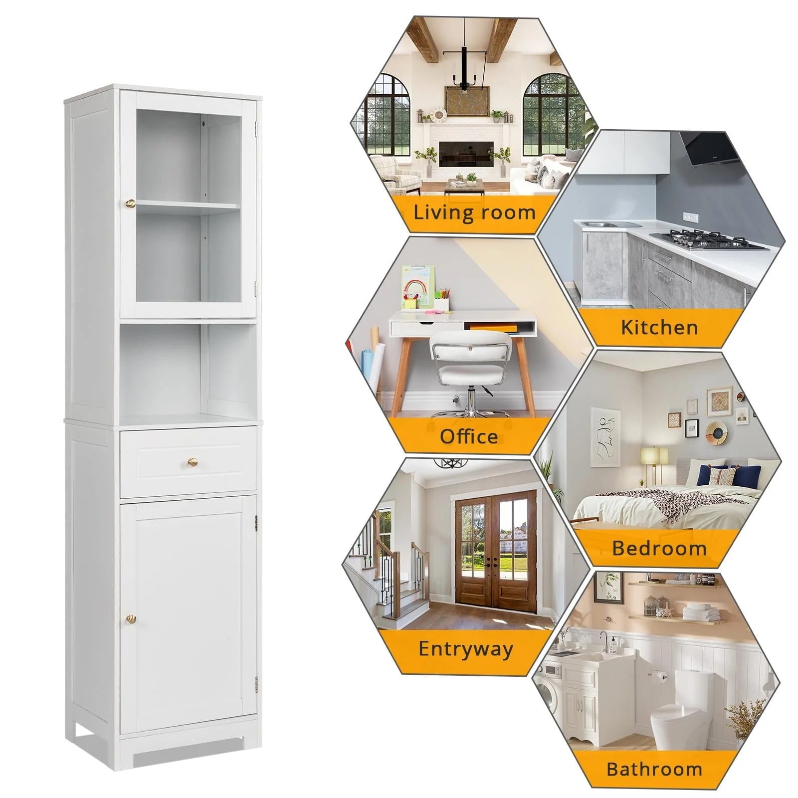 Ktaxon Large Bathroom Tall Storage Cabinet Organizer, Freestanding Line Tower Pantry Cabinet with Adjustable Shelves and 2 Cupboards for Kitchen Living Room Bedroom Office, 18"x13"x71", White
