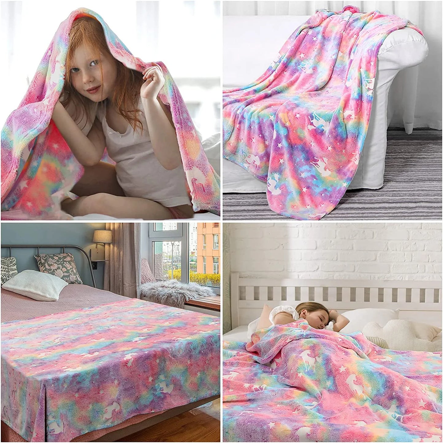 Unicorn Blanket for Girls, Glow in Dark Throw Blanket Lighted, Flannel Furry Fleece Blanket, Christmas Gifts for Kids Ages 3+ Years Old, 60in x 50in