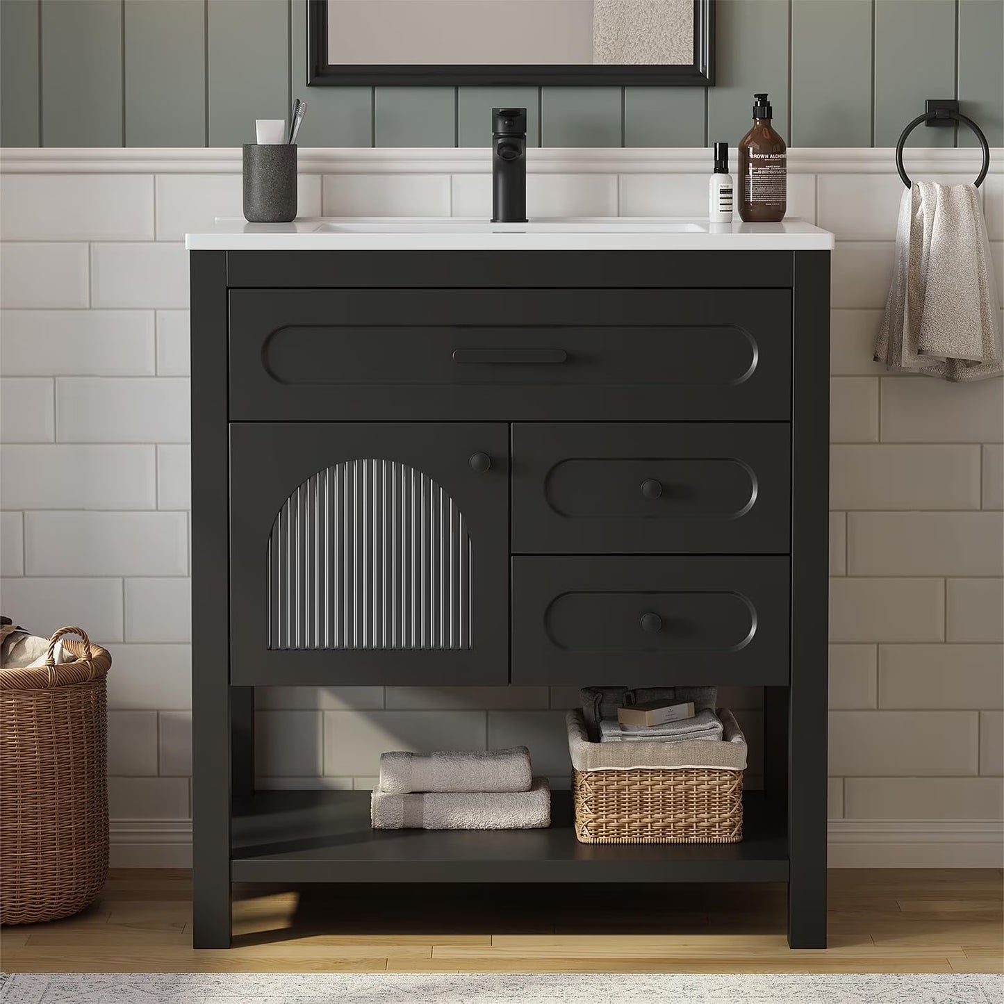 DELUXE LIVING 36 Inch Bathroom Vanity with Sink, Modern Black Bathroom Vanities with Adjustable Feets, 2 Soft-Closing Doors & 4 Drawers, Integral Sink