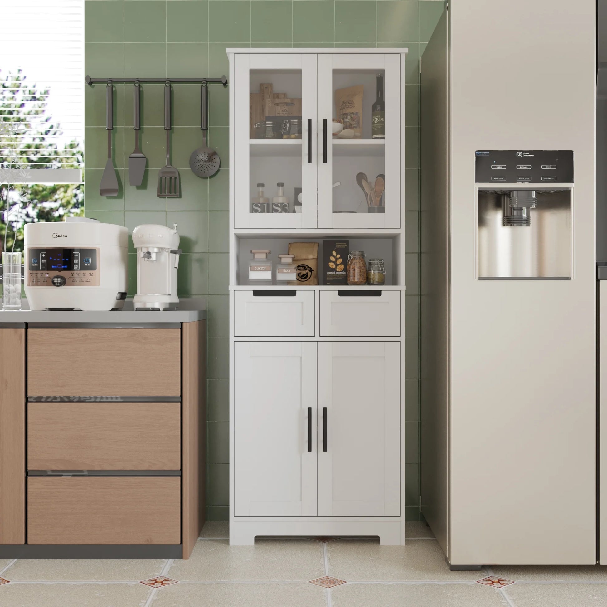 UBesGoo Tall Bathroom Cabinet Storage with 4 Doors & 2 Drawers, Wooden Kitchen Hutch, Large Display Cabinet, White