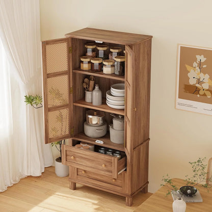 Kitchen Pantry Storage Cabinet with 2 Rattan Doors and 2 Adjustable Shelves, 64" Tall Farmhouse Food Pantries Cabinet for Living Room, Dining Room, Bathroom