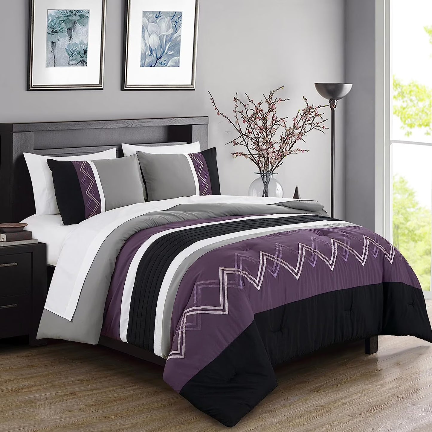 Chezmoi Collection Jaxson King Bed in a Bag 7-Piece Comforter Set with Sheets Modern Pleated Stripe Embroidered Purple/Black/Gray/White Zigzag Lightweight All Season Bedding