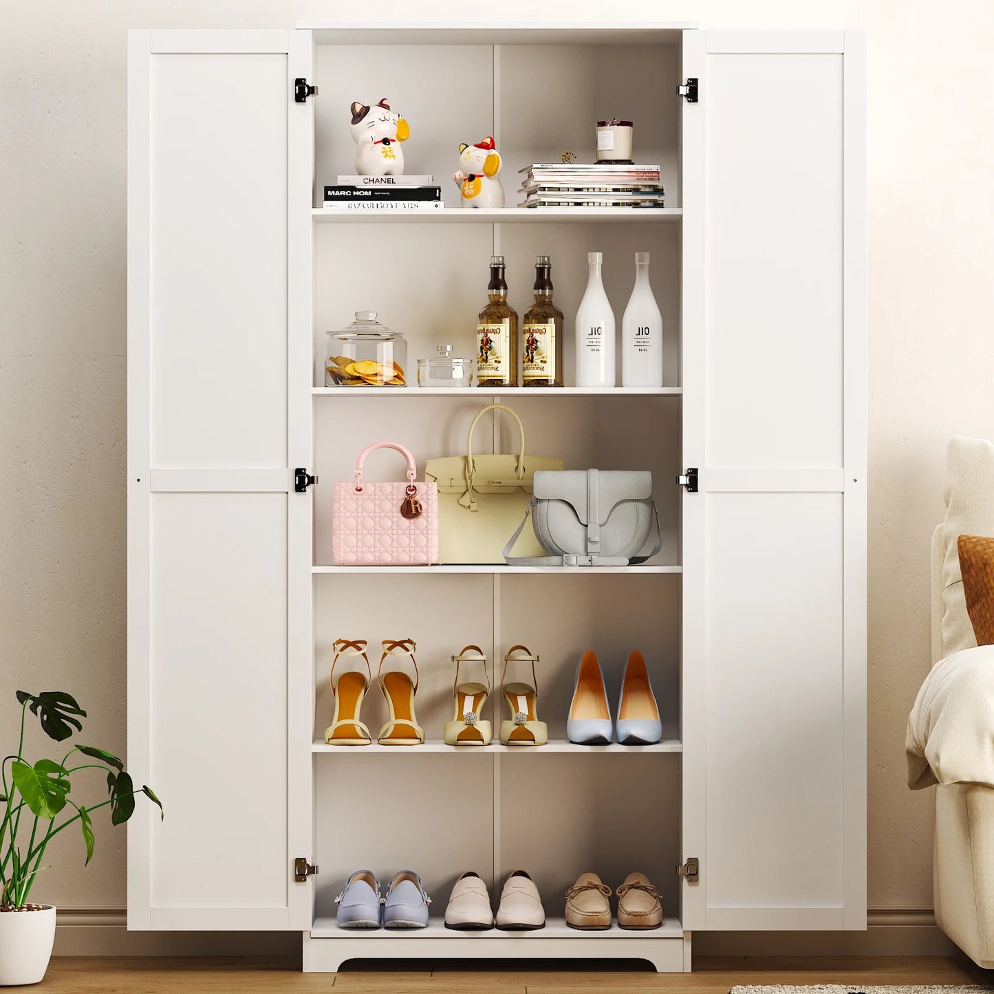 UBesGoo 72" Traditional Freestanding Kitchen Pantry Cabinet Wardrobe Armoire with 4 Adjustable Shelves, White