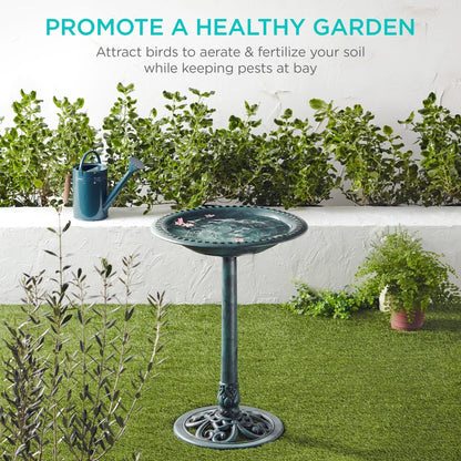Best Choice Products Outdoor Rustic Pedestal Bird Bath Accent for Garden, Yard w/Fleur-de-Lis Accents Green