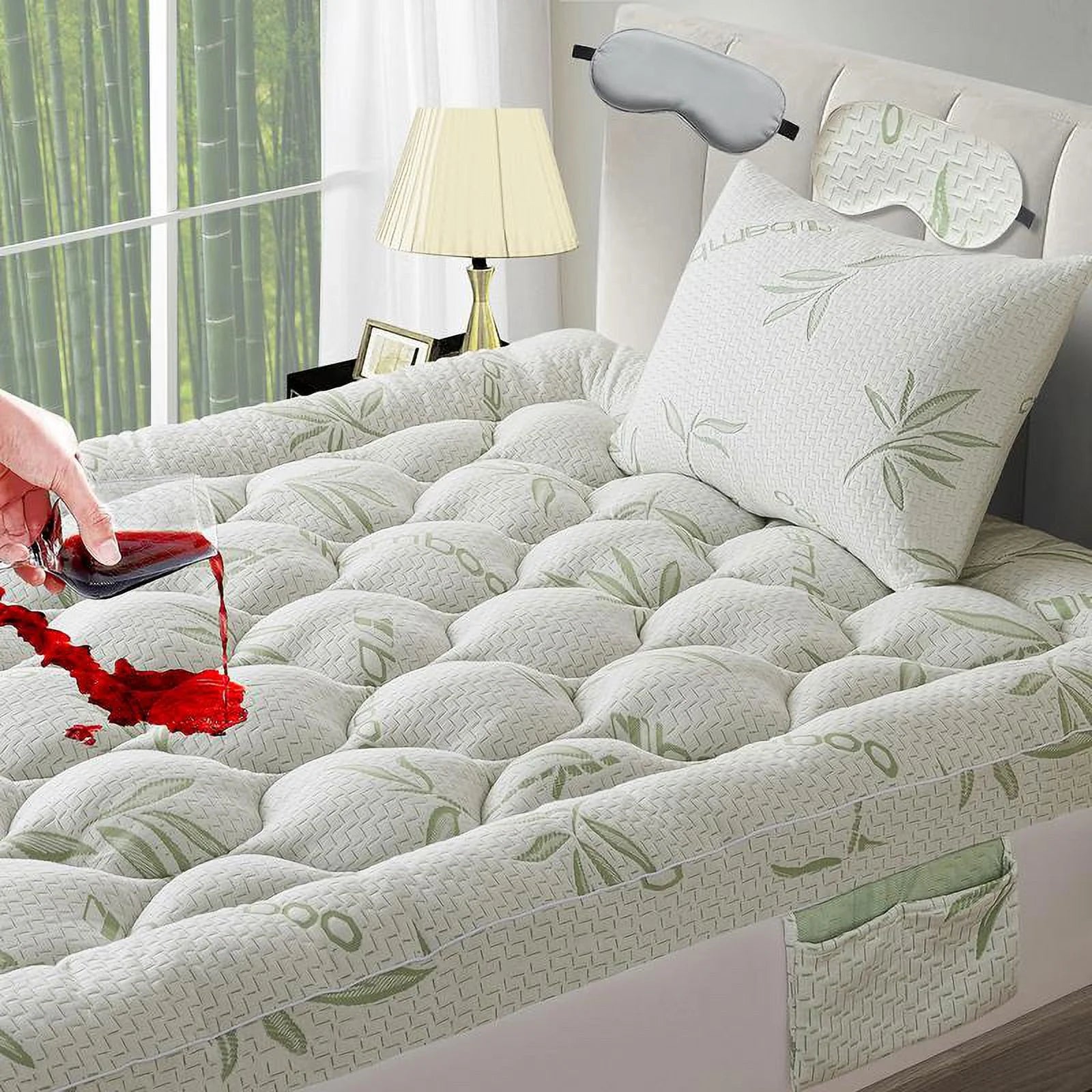 ZuoZuoMing Bamboo Mattress Topper 1000GSM with 1 Pillow Protector& Eye Mask, Side Pocket, Waterproof Mattress Protector, Cooling Extra Thick Breathable Mattress Pad Cover,8-21° Deep