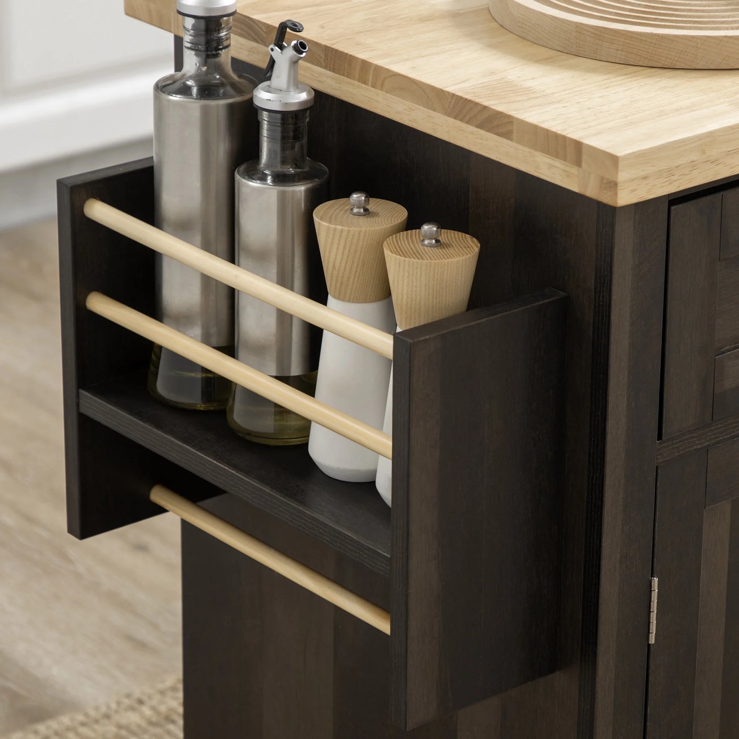 HOMCOM Kitchen Island on Wheels, Rolling Cart with Rubberwood Top, Spice Rack, Towel Rack