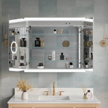 ANGELES HOME 36" x 32" LED Lighted Bathroom Medicine Cabinet with Mirror, 3X Magnification Makeup Mirror, Vanity Mirror Cabinet w/Defogger, Dimmable, Memory Function, Outlets & USB