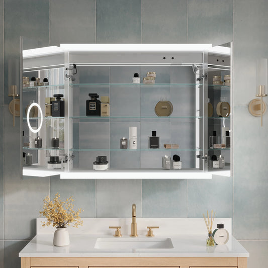 ANGELES HOME 36" x 32" LED Lighted Bathroom Medicine Cabinet with Mirror, 3X Magnification Makeup Mirror, Vanity Mirror Cabinet w/Defogger, Dimmable, Memory Function, Outlets & USB