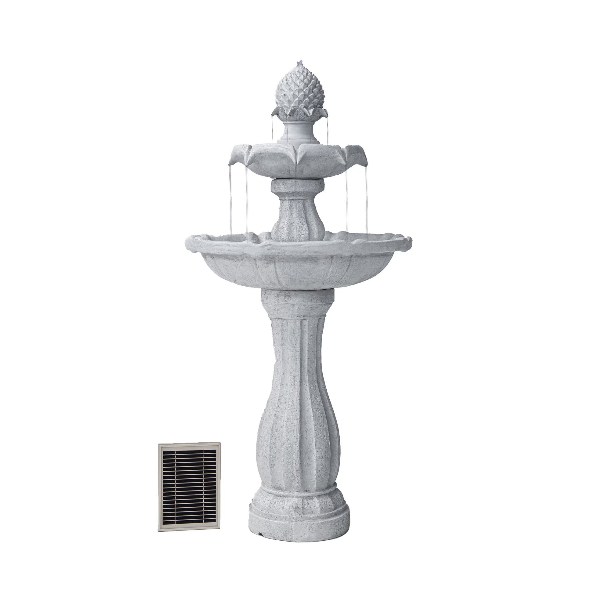 XBrand 44" H White Fiberglass/Resin 2-Tier Solar Water Fountain w/Solar Panel and Auto-Shut Off Pump, Solar Garden Fountain, Tall Outdoor Fountain, Two Tiered Birdbath Fountain