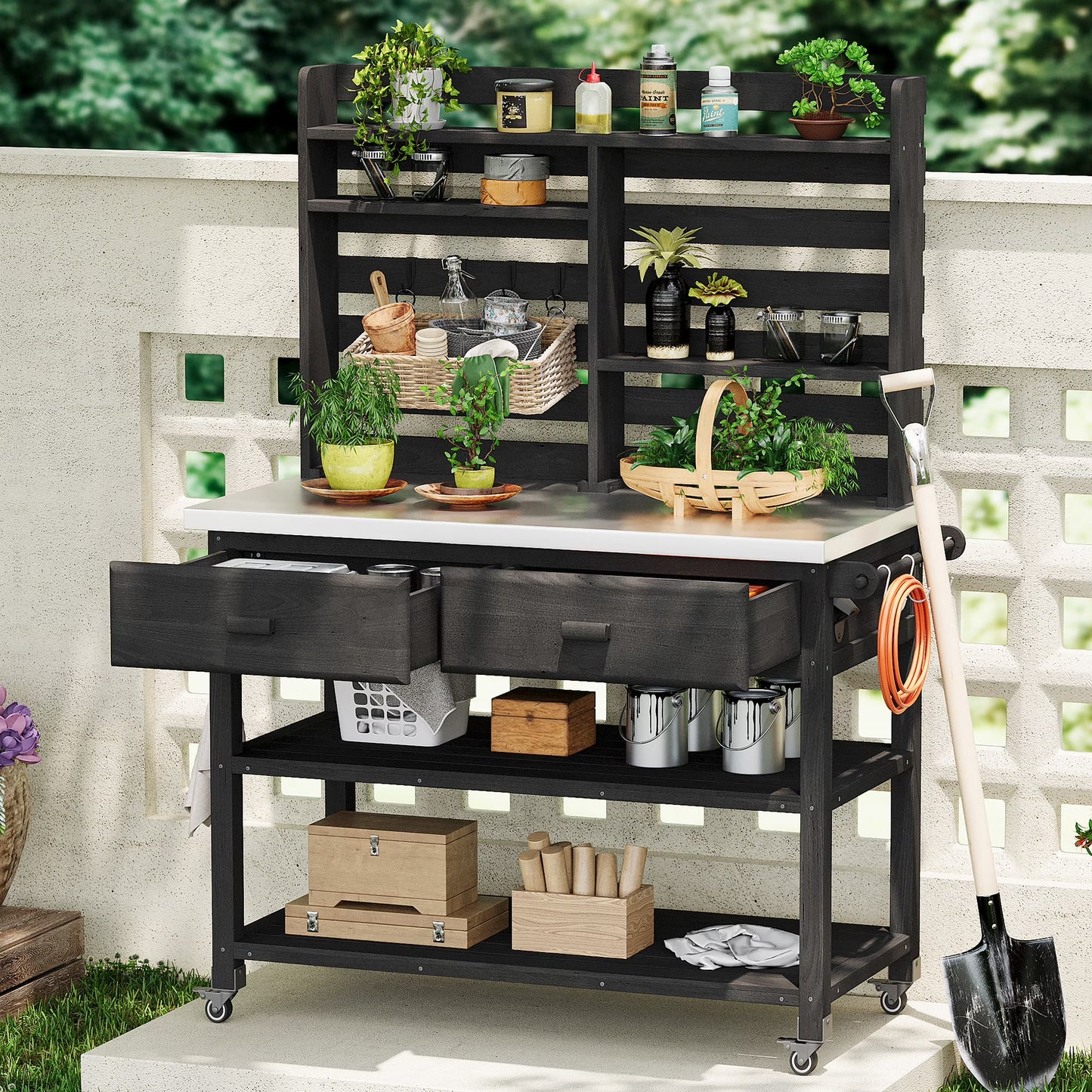Euroco 64.9"H Outdoor Potting Bench Table with Lockable Wheels, Solid Wood Outdoor Kitchen Island with Upper Hutch, Stainless Steel Top, Towel Rack ,Outdoor Storage for Grilling, Lawn Garden -Black