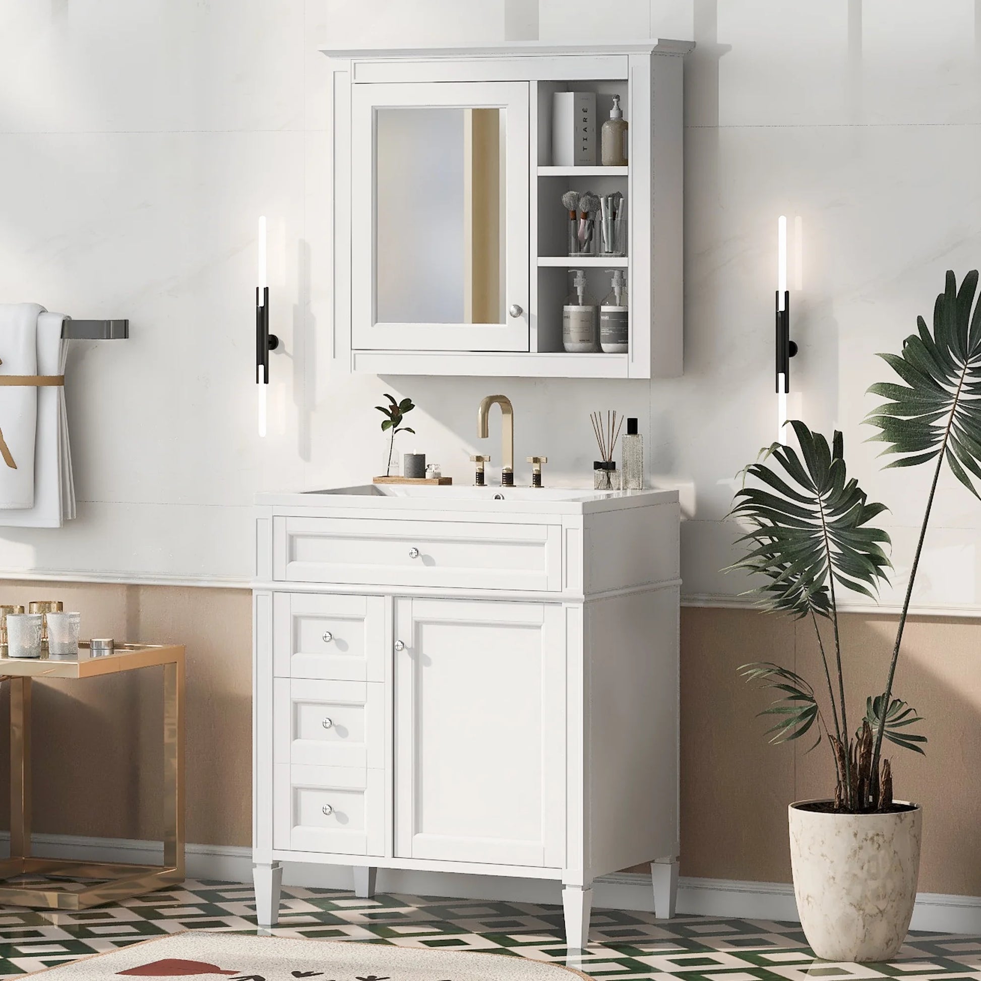 30'' Bathroom Vanity with Top Sink, Freestanding Vanity Set with Mirror Cabinet,Green