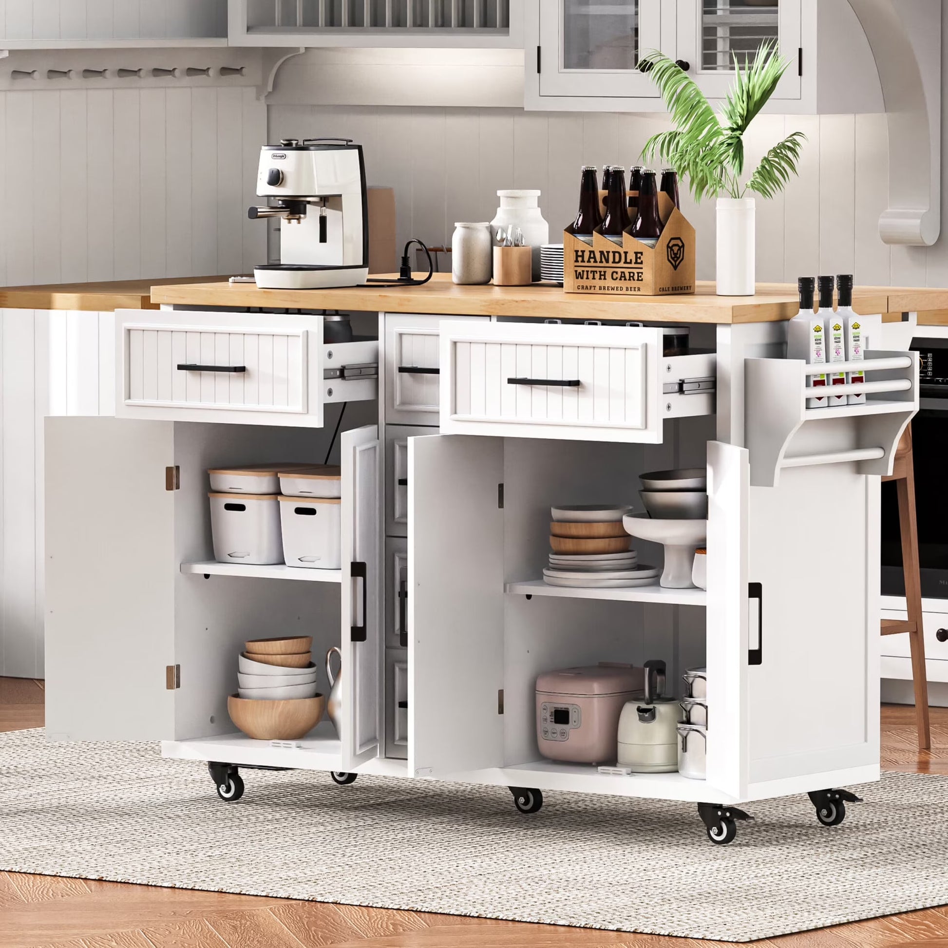 Kitchen Island with Storage, Rolling Kitchen Island on Wheels with Charging Station, Kitchen Cart Island Table with Drop Leaf, Drawers, Cabinets, Spice Rack, Towel Rack, Black