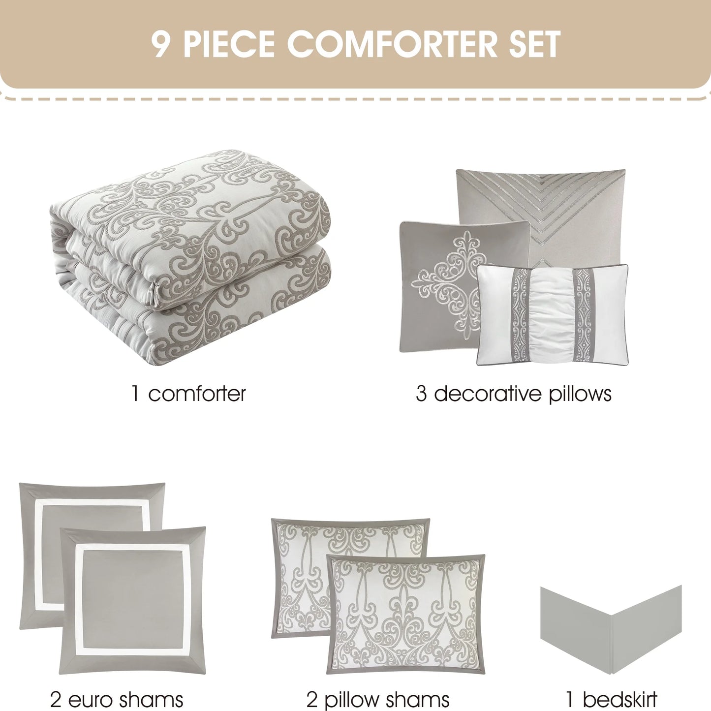 Lanco Smoke Grey Comforter Set California King Size, 9 Piece Jacquard Floral Bedding Set, All Season, Ultra-Soft, Matching Pillows & Shams, Bed Skirt