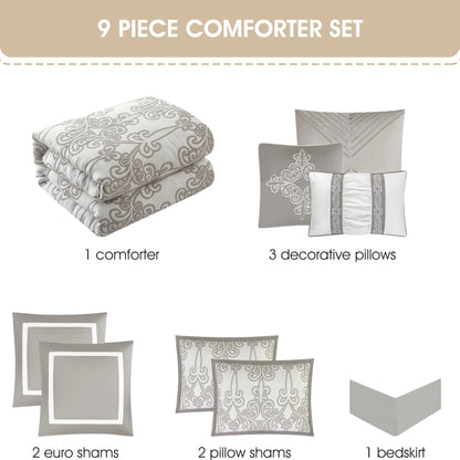 Lanco Smoke Grey Comforter Set California King Size, 9 Piece Jacquard Floral Bedding Set, All Season, Ultra-Soft, Matching Pillows & Shams, Bed Skirt
