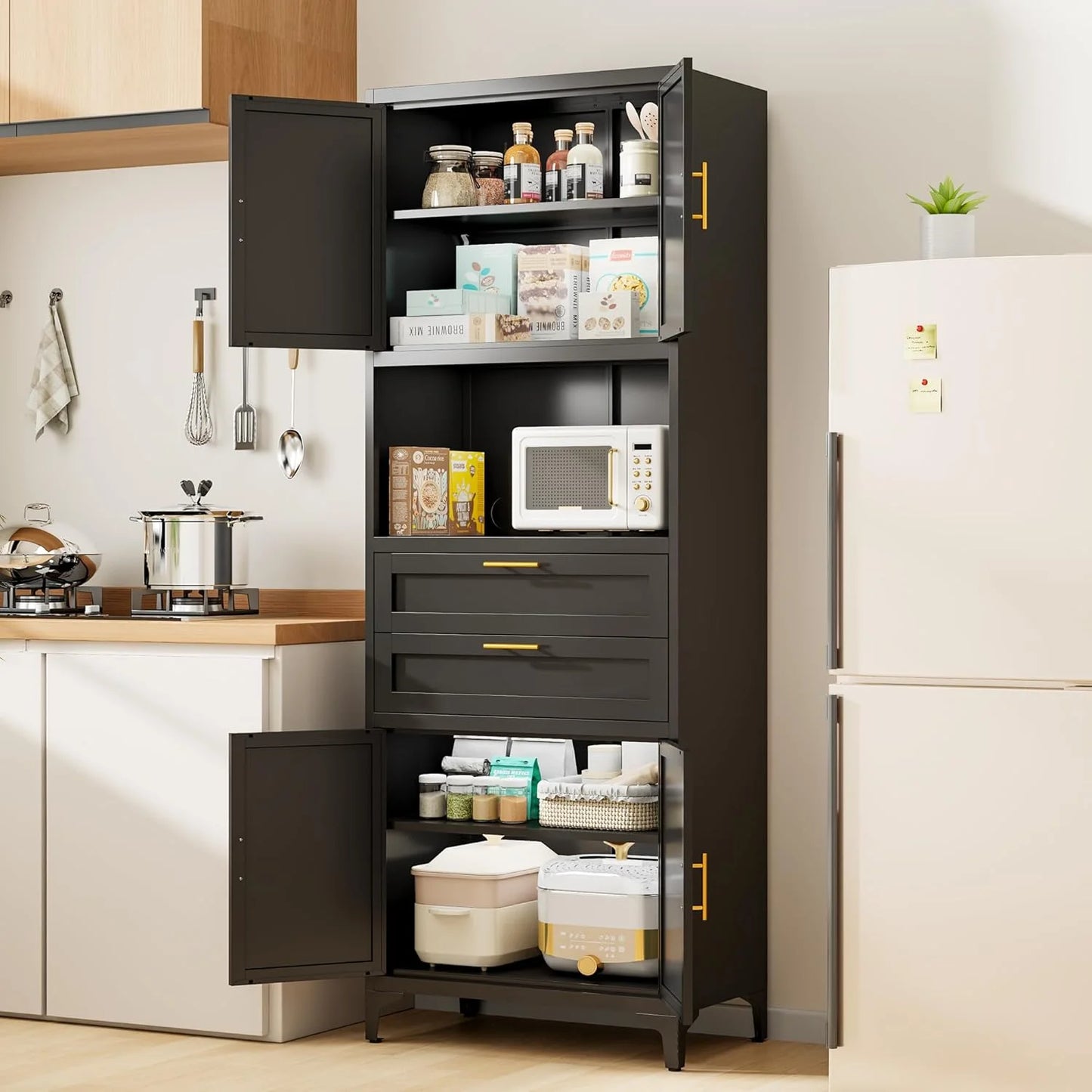 75° Tall Kitchen Pantry Storage Cabinet, Metal Storage Cabinet with 2 Drawers and Adjustable Shelves, Kitchen Pantry Cupboard, Freestanding Cupboard for Bathroom, Living Room(Black)