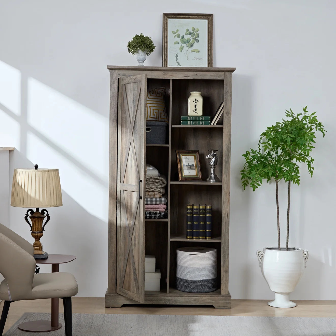 Kselythan 74" Tall Storage Cabinet, Large Kitchen Pantry with Barn Door and Opening Shelves, Freestanding Cabinet for Kitchen Bathroom Living Room