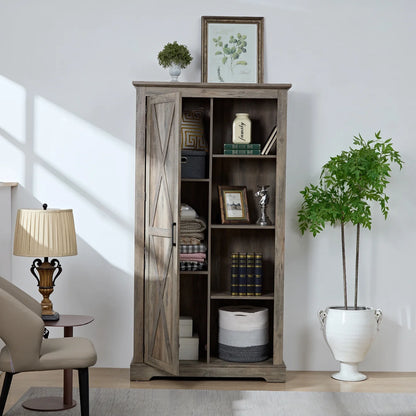 Kselythan 74" Tall Storage Cabinet, Large Kitchen Pantry with Barn Door and Opening Shelves, Freestanding Cabinet for Kitchen Bathroom Living Room