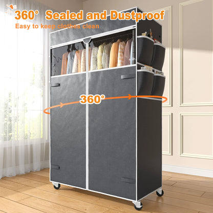 EnHomee Rolling Closet Rack with Dustproof Cover,450LBS Load Capacity Adjustable 81"H Portable Wardrobe with Side Pockets,Black