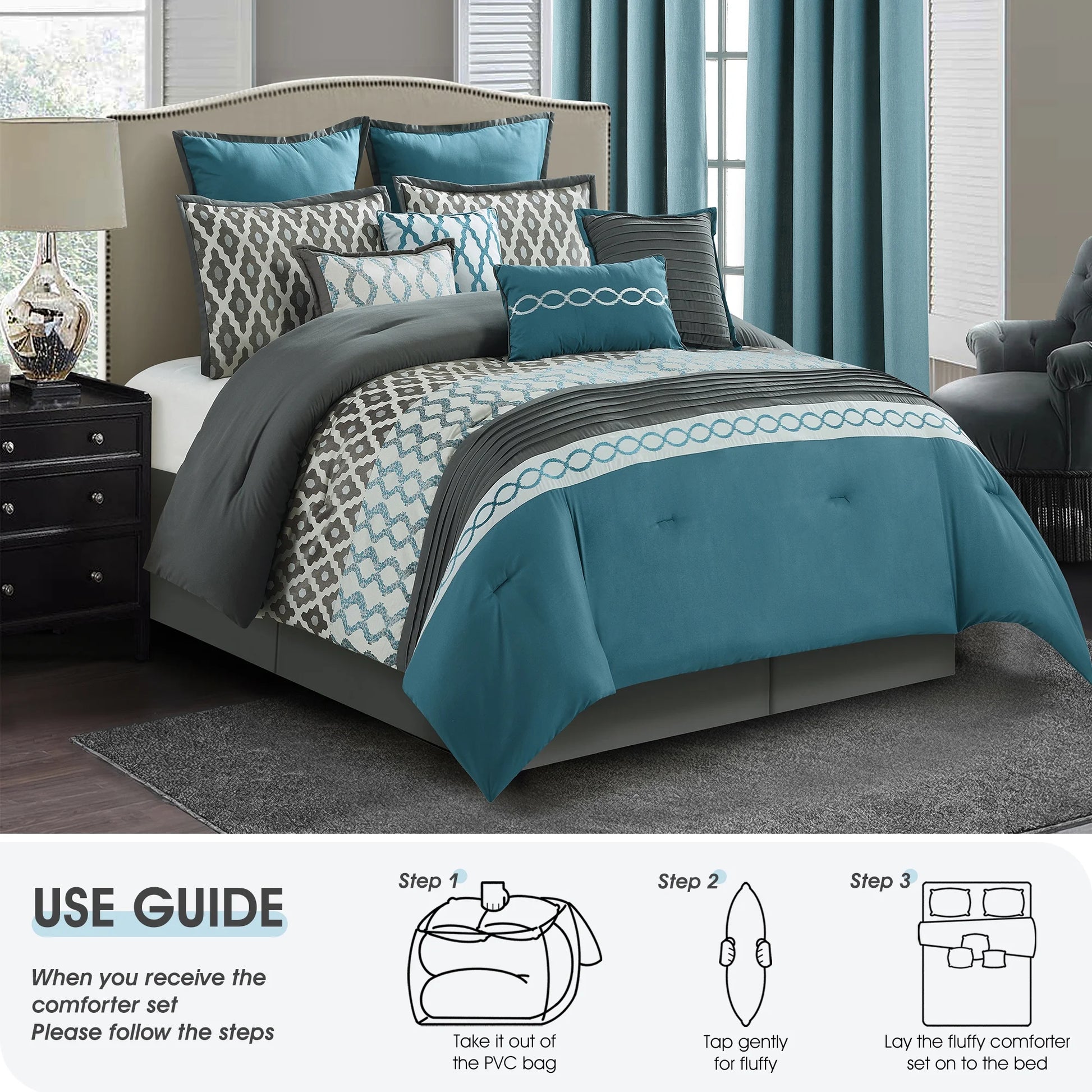 Lanco Geometirc Queen Blue Comforter Set, 12 Piece, Jacquard Bedding Comforters & Sets, Bedskirt, Pillows, Euro Shams & Curtains, Ultra-Soft