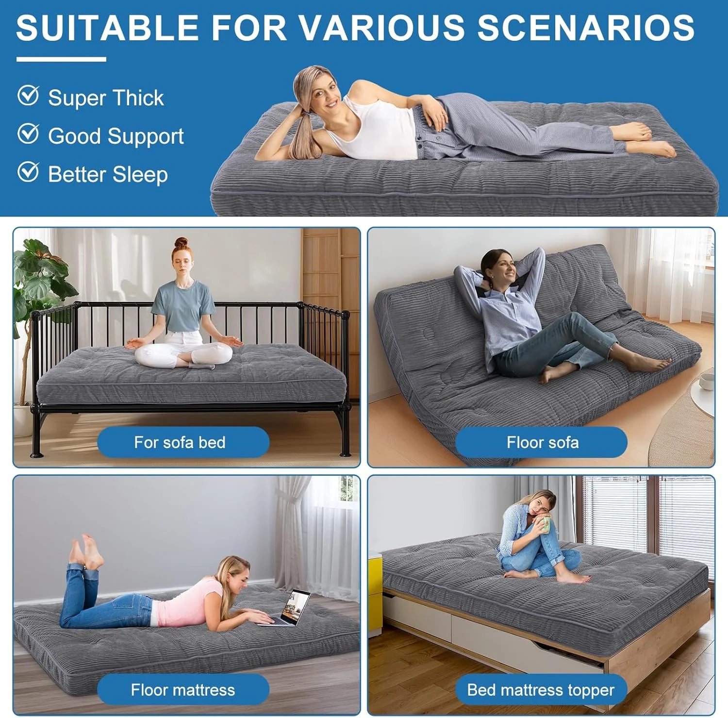 Slsy 6" Daybed Futon Mattress Memory Foam Futon Mattress, Thick Folding Sleeping Pad Breathable Floor Mattress for Adults, 5-Layer Foam Filling (Frame Not Included)