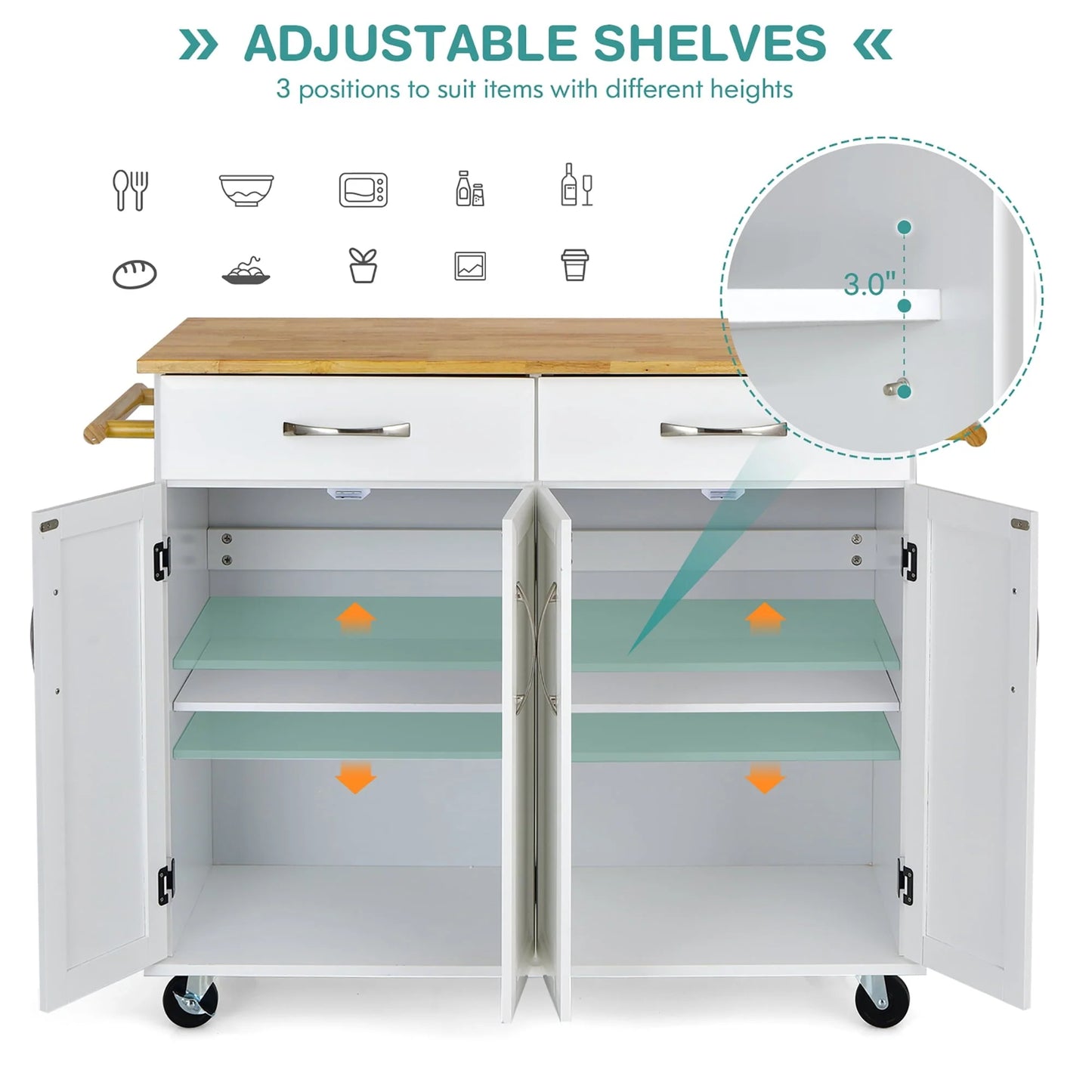 Costway 4-Door Rolling Kitchen Island Cart Buffet Cabinet w/Towel Racks Drawers White
