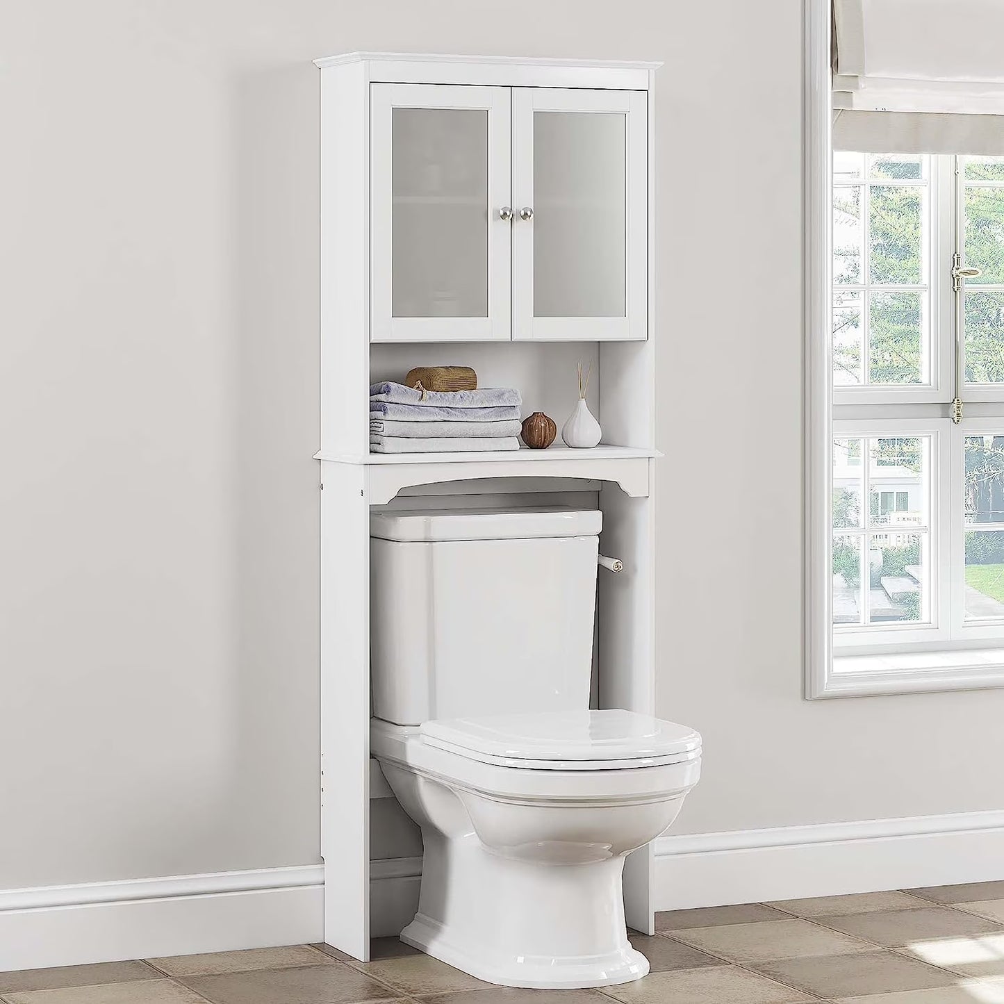 Spirich Over The Toilet Cabinet for Bathroom Storage, Above Toilet Storage Cabinet with Glass Doors, Over Toilet Storage Shelf Organizer, White