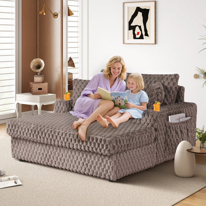 Aukfa Oversized Chaise Lounge Loveseat Couch with 2 Cup Holders& Throw Pillows, Fluffy Corduroy, Olive Green