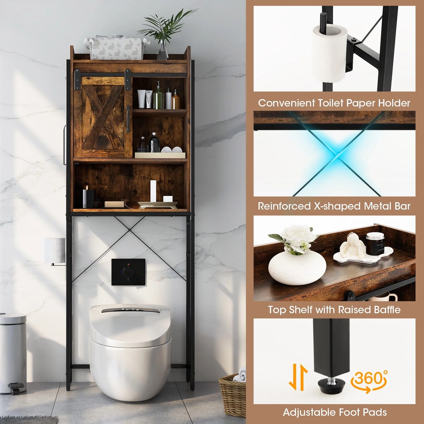 Topbuy Over The Toilet Storage Cabinet 4-Tier Bathroom Organizer w/Adjustable Shelves Sliding Barn Door & Toilet Paper Holder Rustic Brown