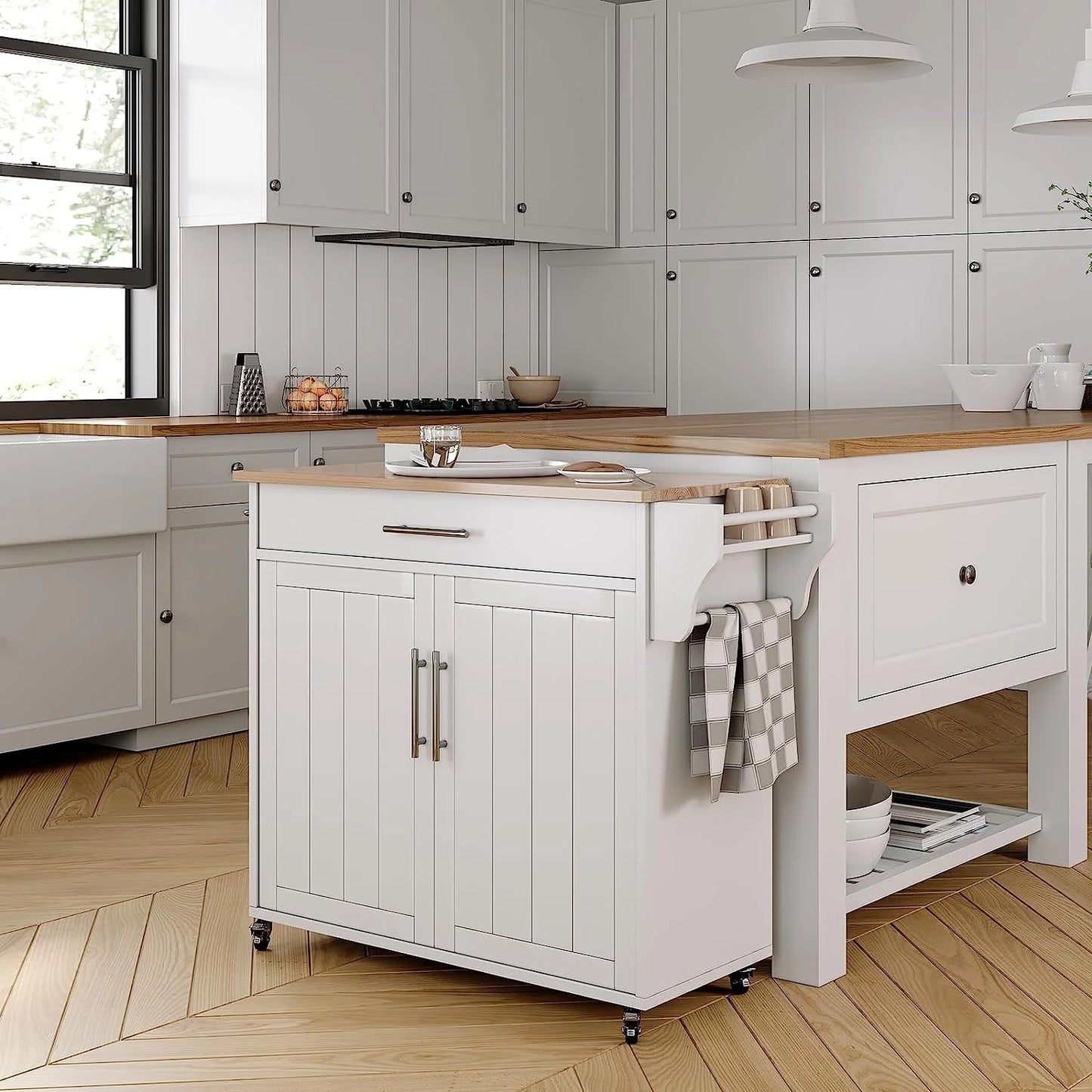 Pingliang Home Rolling Kitchen Storage Carts with Towel Rack and Drawers, Kitchen Island with Wheel,Rubberwood,White, 35"