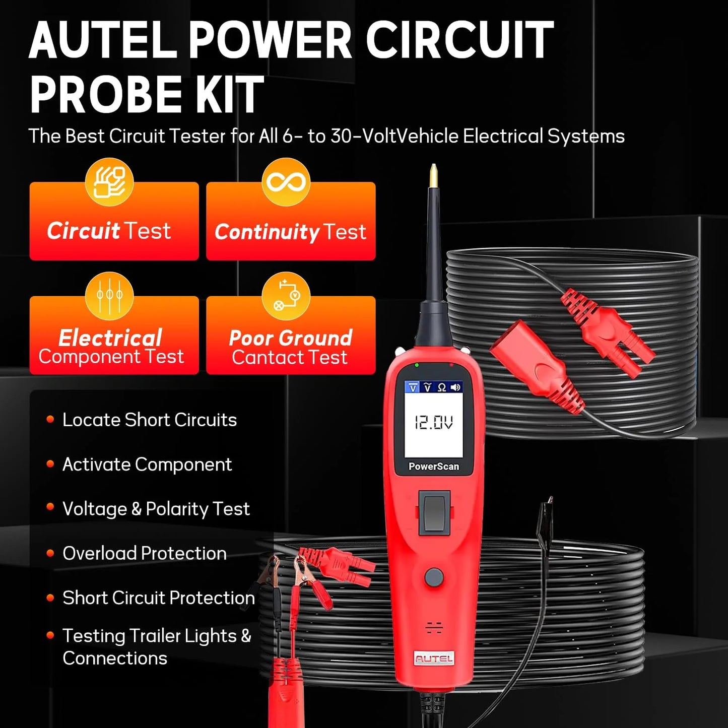 Autel PowerScan PS100 Automotive Circuit Tester, Power Circuit Probe Scan Tool, 12-24V Electrical Short Open Breaker Circuit Finder, AC/DC Current Resistance, 20ft Extension Cord
