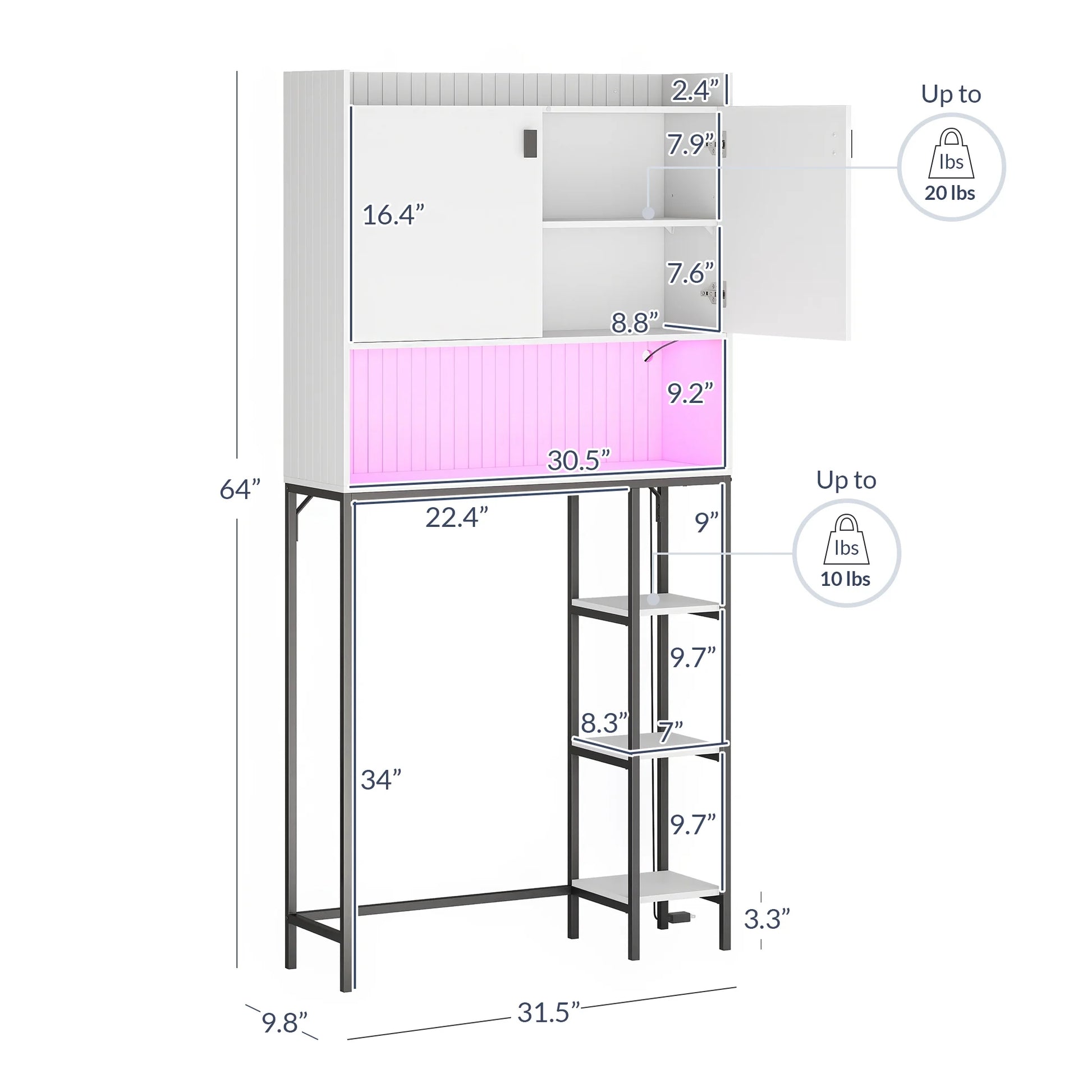 BELLEZE Over The Toilet Storage Cabinet with LED Light, Freestanding Above Toilet Rack with Adjustable Shelf, Bathroom Space Savers Anti-Tipping Device Included - Murano (White)