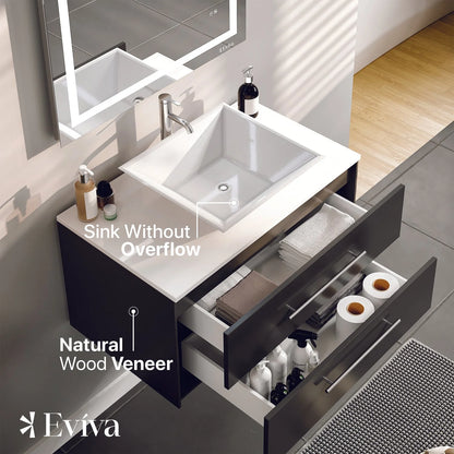 Totti Wave 30" Espresso Modern Bathroom Vanity w/Super White Man-Made Stone Top & Sink