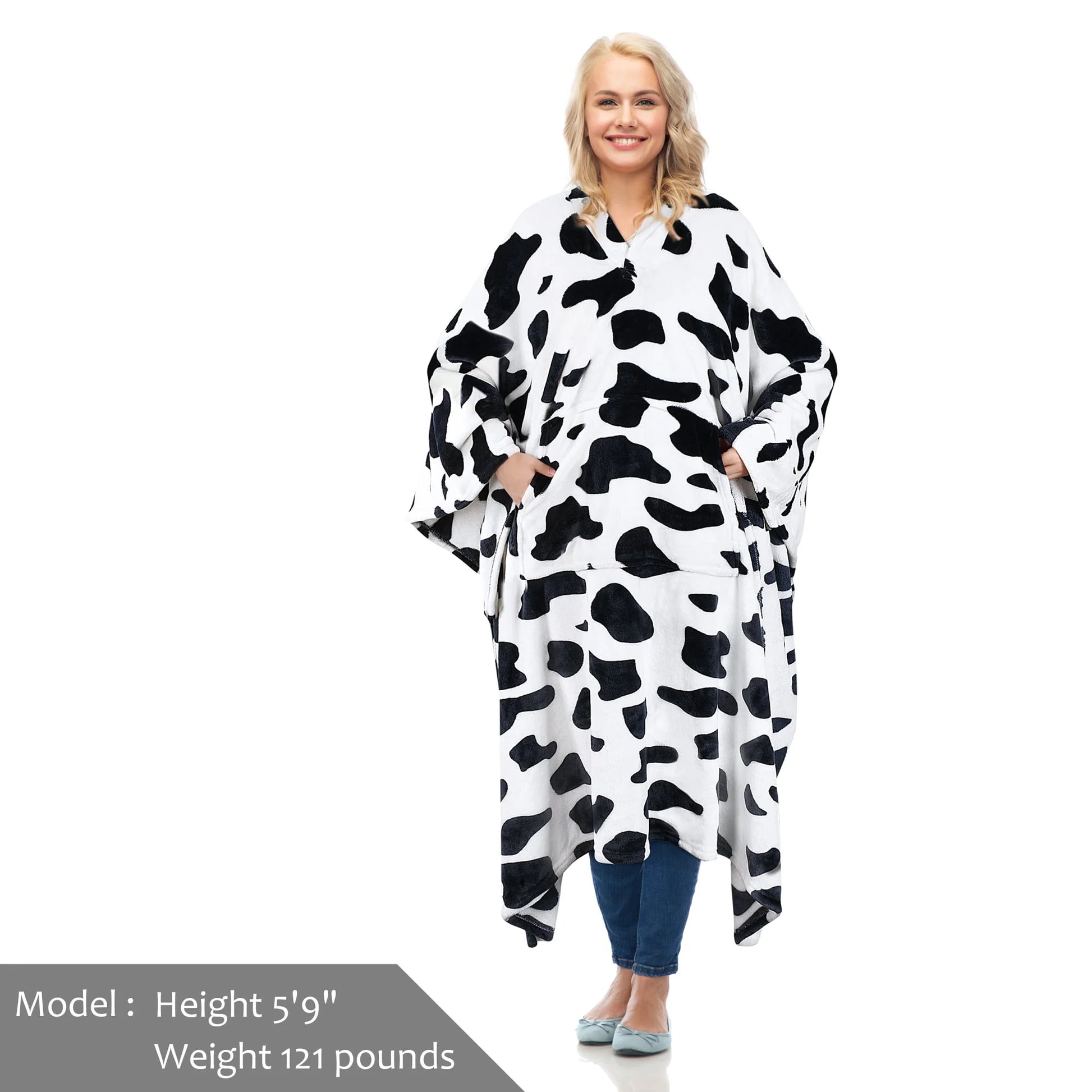 Catalonia Fleece Wearable Blanket Poncho for Adult Women Men, Wrap Blanket Cape with Pocket | Warm, Soft, Cozy, Snuggly, Comfort Gift, No Sleeves | All-Season, Cow