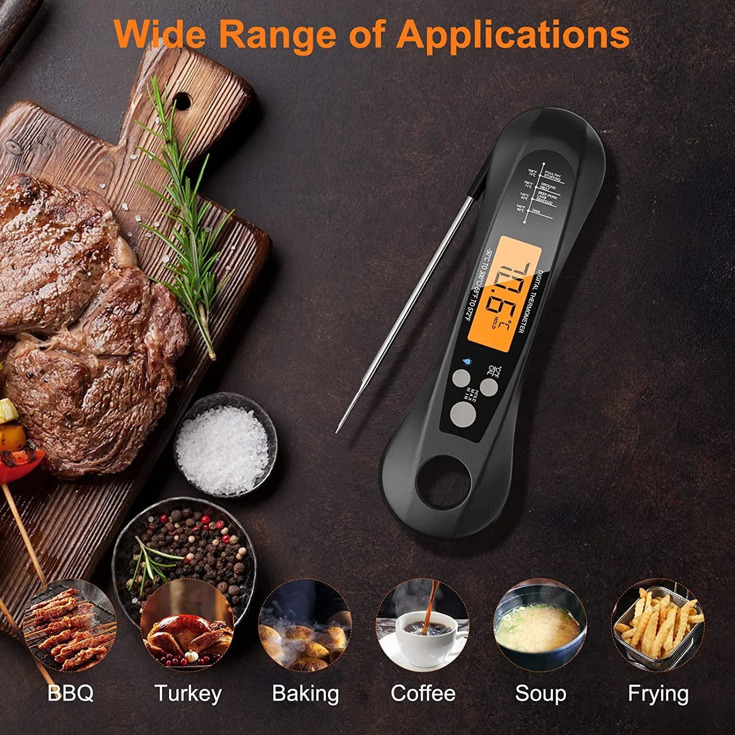 BEYCED Instant Read Digital Meat Thermometer,IP67 Waterproof Grill Thermometer with Magnet,Foldable Probe,Acklight,Calibration,Fast & Precise Reading for Kitchen,Cooking,BBQ,Candy,Beef,Turkey