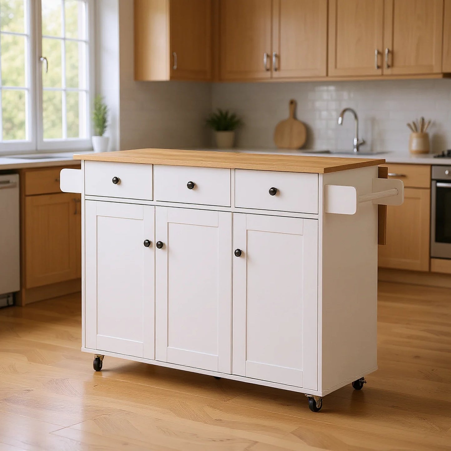 Homy Casa 56" Rolling Kitchen Island with Wood Top, Storage Cabinet, 3 Drawers, Towel Racks, White