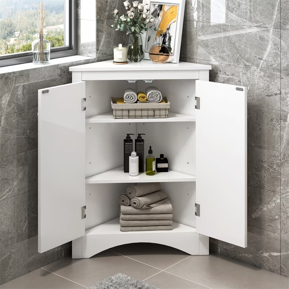 Home Floor Corner Cabinet with Adjustable Shelves and Two Doors, Triangle Bathroom Storage Cabinet, Modern Style Freestanding Floor Cabinet for Kitchen, Living Room and Hall, Oak