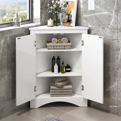 Home Floor Corner Cabinet with Adjustable Shelves and Two Doors, Triangle Bathroom Storage Cabinet, Modern Style Freestanding Floor Cabinet for Kitchen, Living Room and Hall, Oak