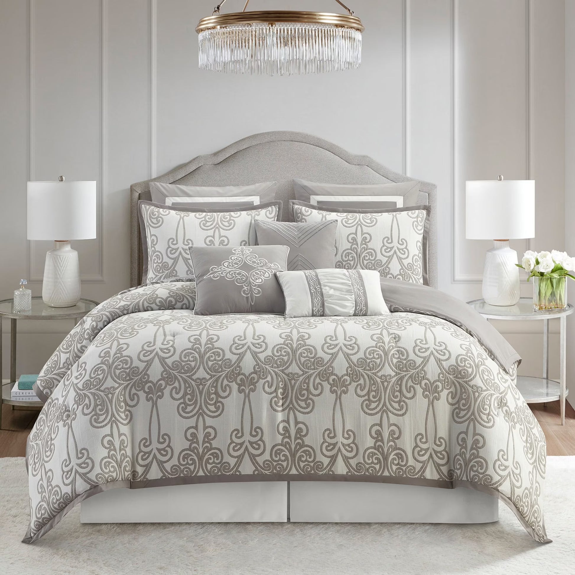 Lanco Smoke Grey Comforter Set California King Size, 9 Piece Jacquard Floral Bedding Set, All Season, Ultra-Soft, Matching Pillows & Shams, Bed Skirt