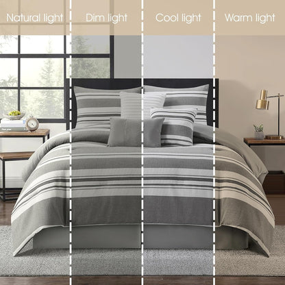 Grand Avenue White Grey Comforter Set California King Size, 7 Piece Geometric Jacquard Bedding Set, Matching Bedskirt, Pillows & Shams, Curtains