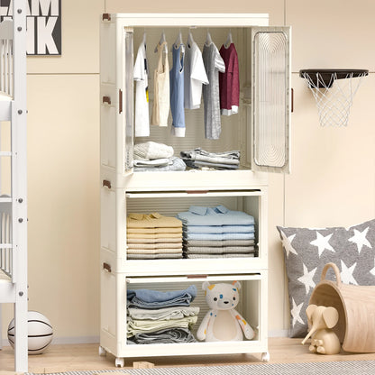 Montary Kids Portable Wardrobe w/Magnetic Doors & Hanging Rod - 4-Cube Plastic Storage Cabinet,Nursery/Bedroom