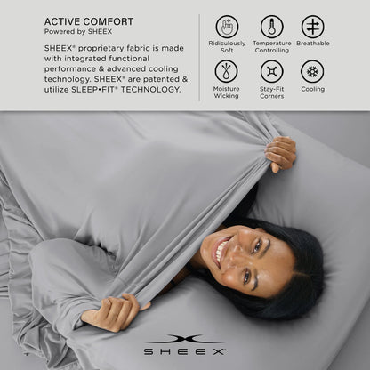 SHEEX Active Comfort Sheet Set with 2 Pillowcases, King/California King - Cooling - Breathable - Deep Pocket - Moisture-Wicking, Pewter