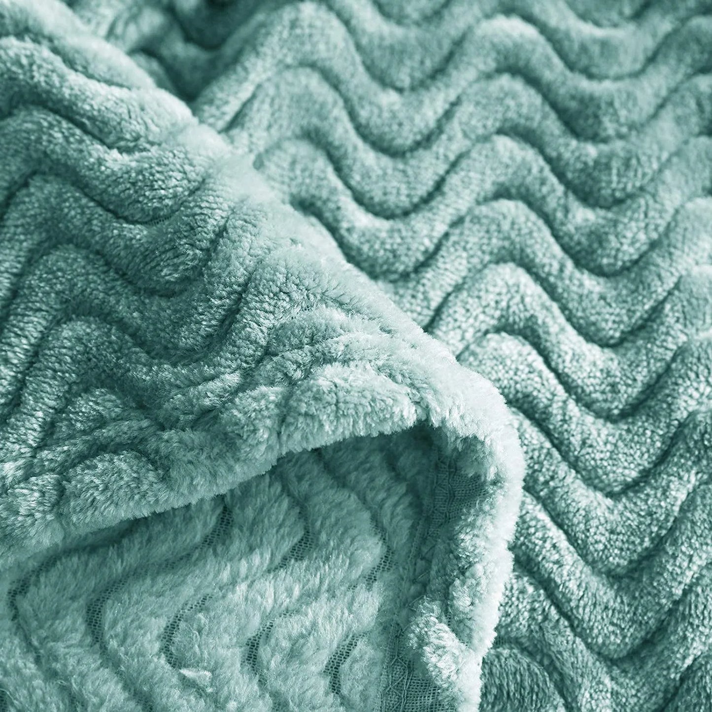 Exclusivo Mezcla King Size Jacquard Weave Wave Pattern Flannel Fleece Velvet Plush Bed Blanket as Bedspread/Coverlet/Bed Cover (90" x 104", Celadon) - Soft, Lightweight, Warm and Cozy