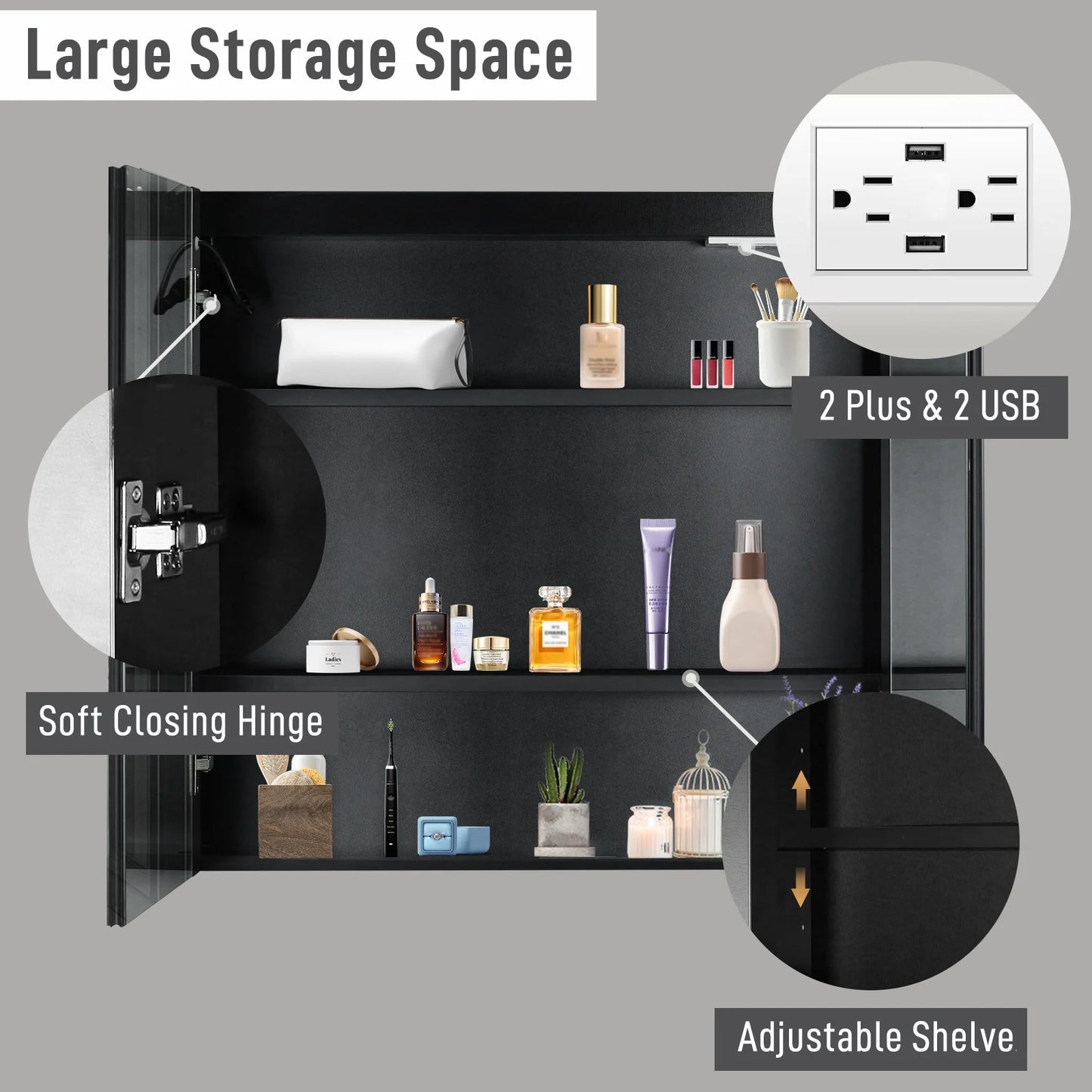 Ktaxon LED Lighted Medicine Cabinet with Mirror Bathroom Wall Cabinet w/Defogger, Dimmable, Memory function, Outlets & USB, 32"x28", Black