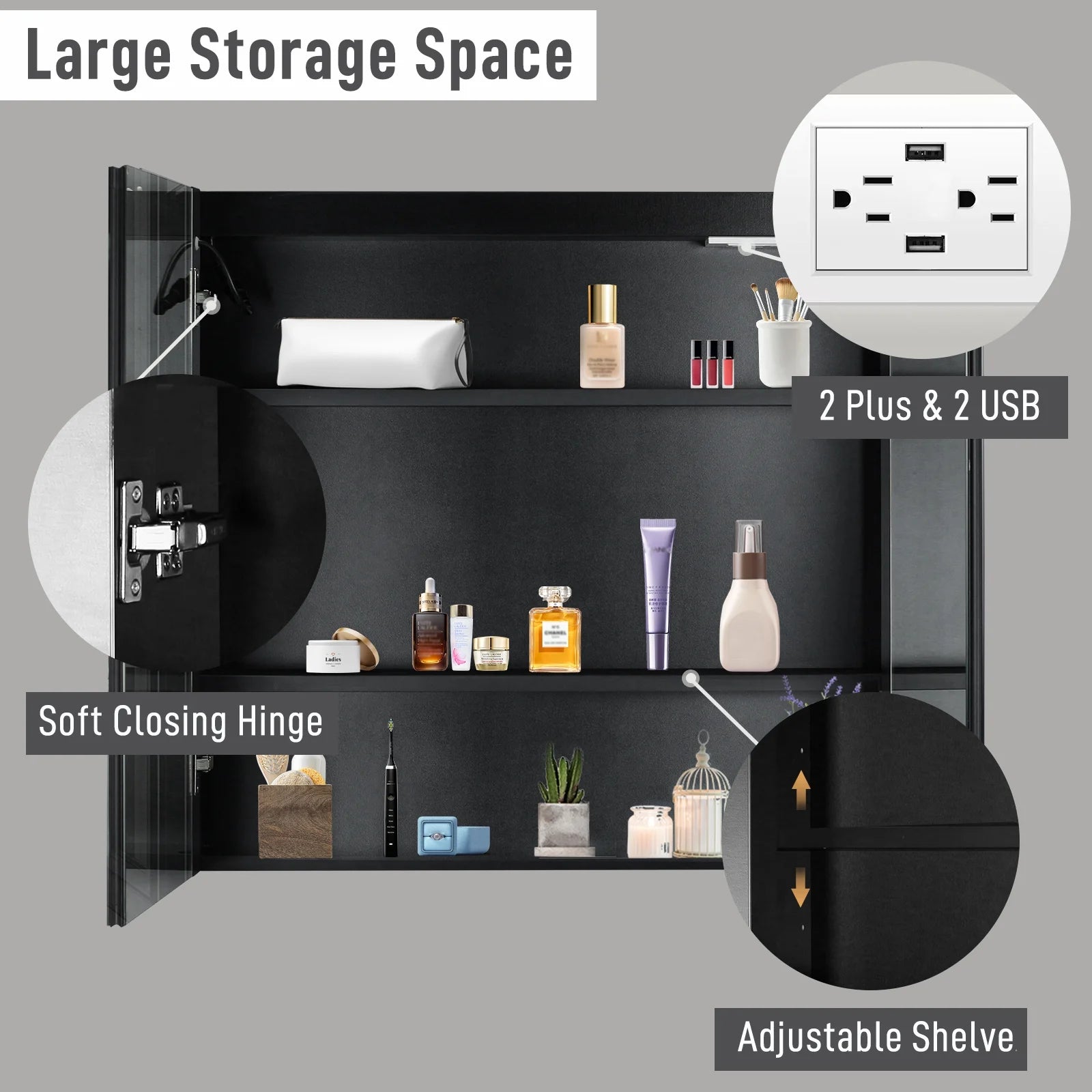 Ktaxon LED Lighted Medicine Cabinet with Mirror Bathroom Wall Cabinet w/Defogger, Dimmable, Memory function, Outlets & USB, 32"x28", Black